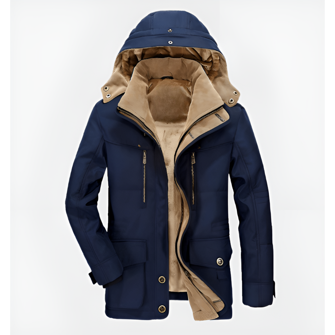 Thick winter jacket with hood and deep pockets