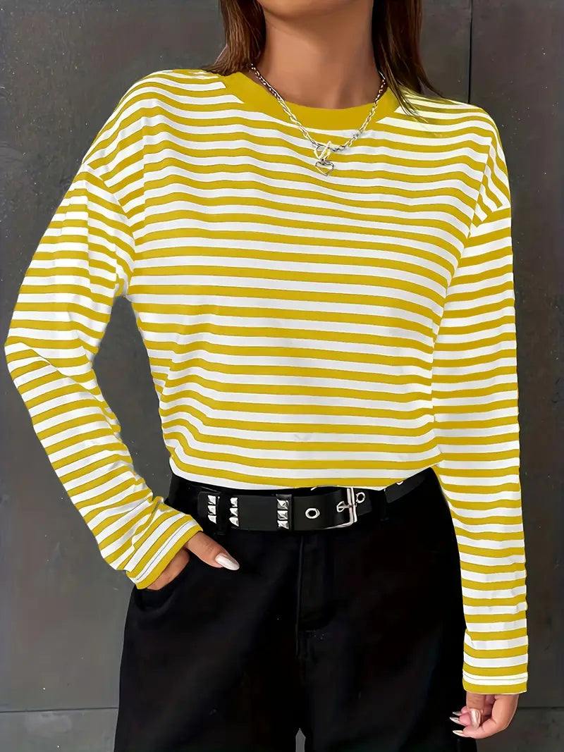 Casual Long-sleeved Top and Striped Round Neck T-shirt