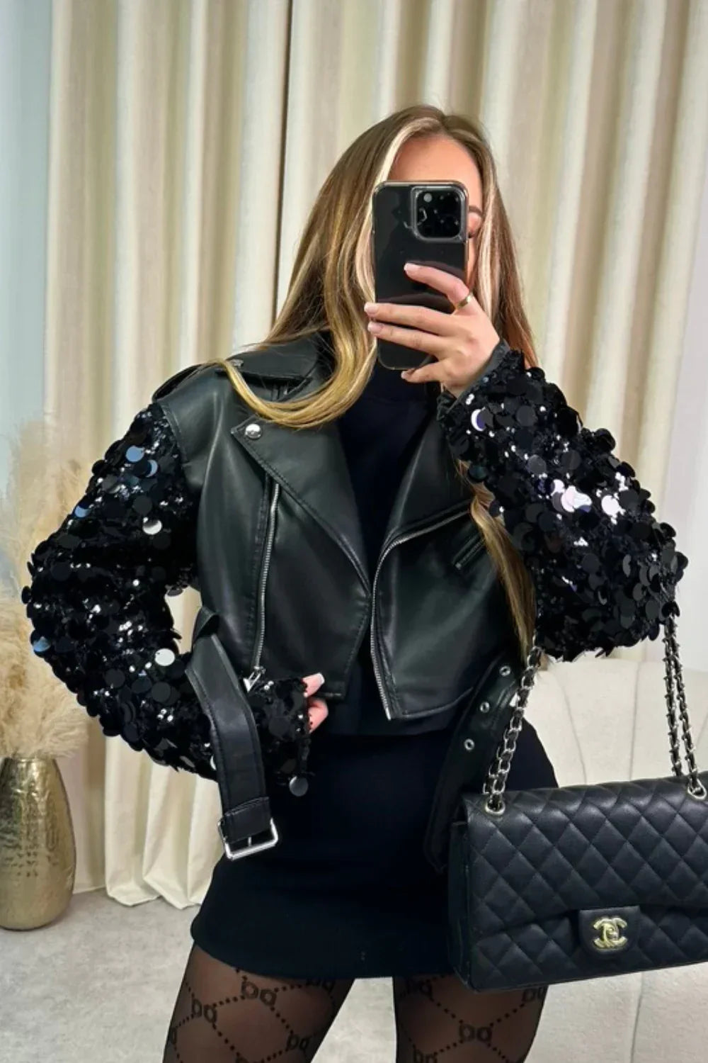 Sequinned leather jacket