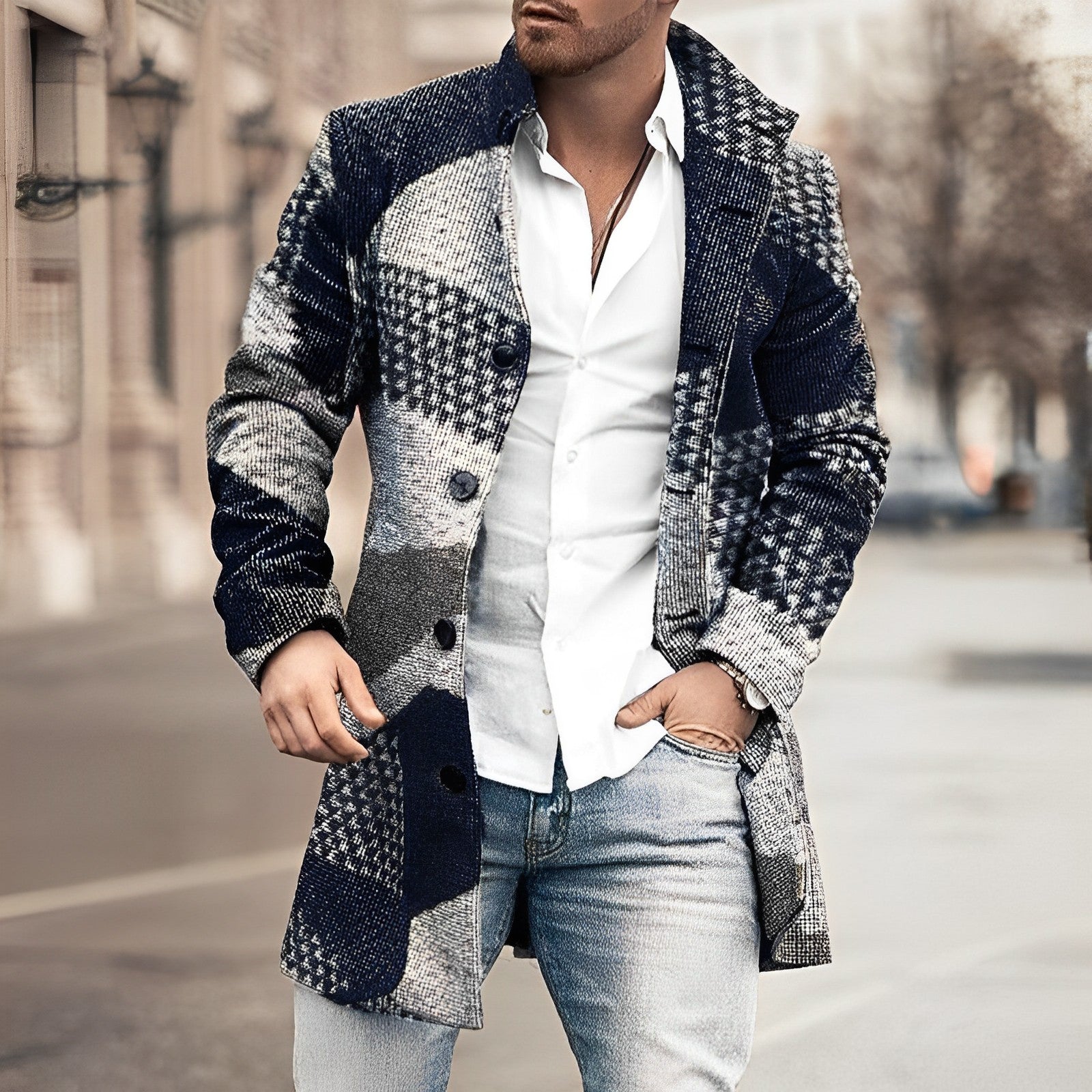 Men's wool coat with fashionable buttons