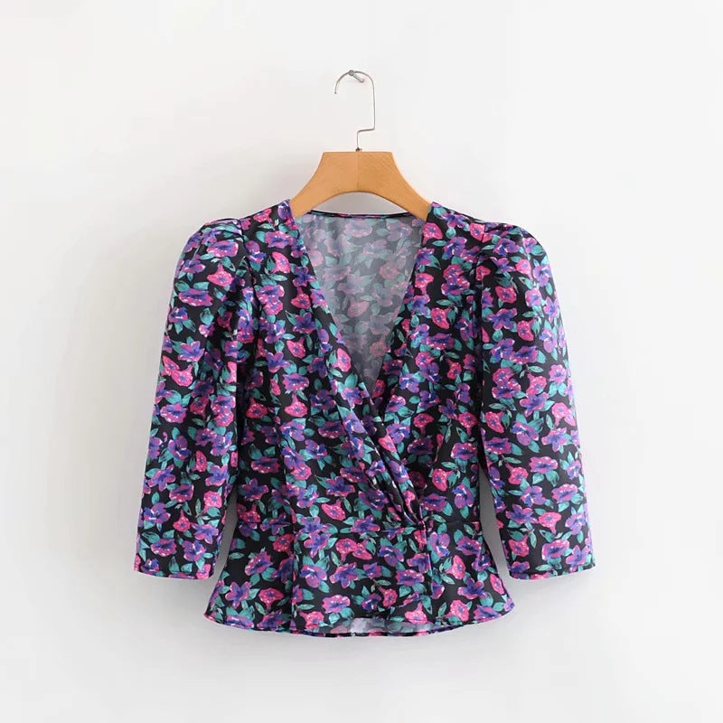 Classy lantern sleeve printed blouse shirt