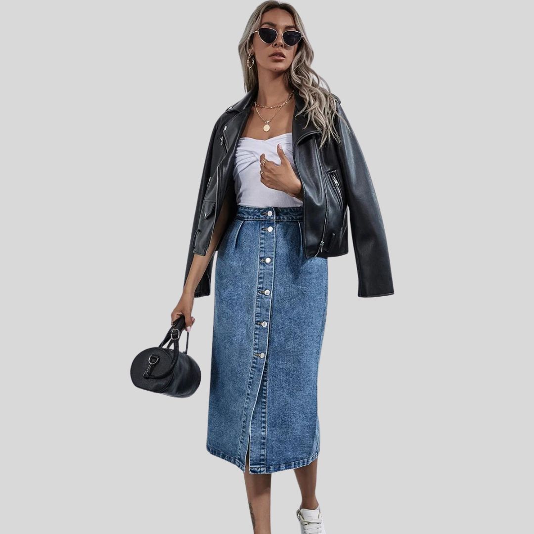 Chic denim midi skirt with button placket