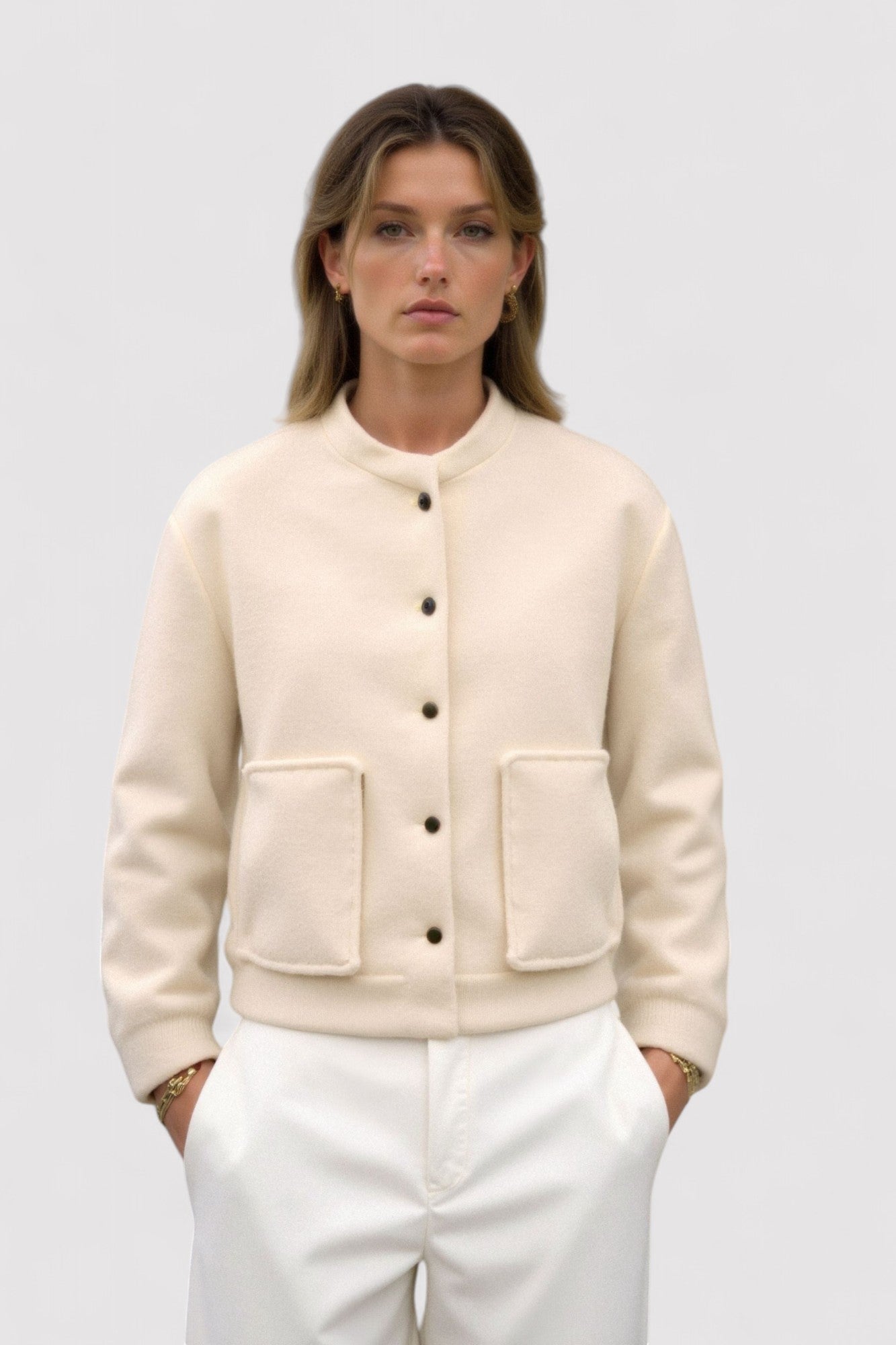 Ancien | Women's Luxury Button Pockets Stand Collar Bomber Jacket