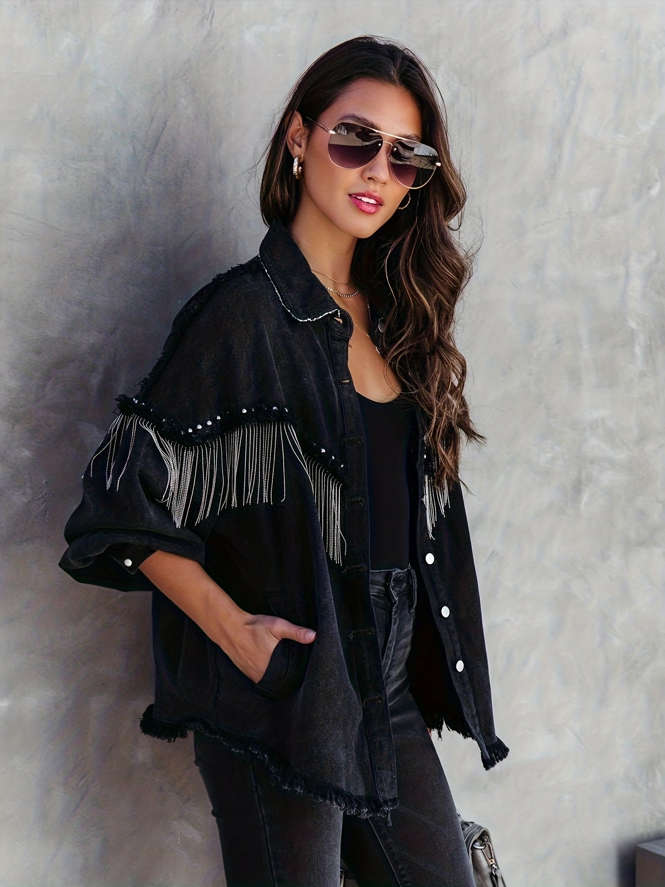 Elle - stylish denim jacket with tassels