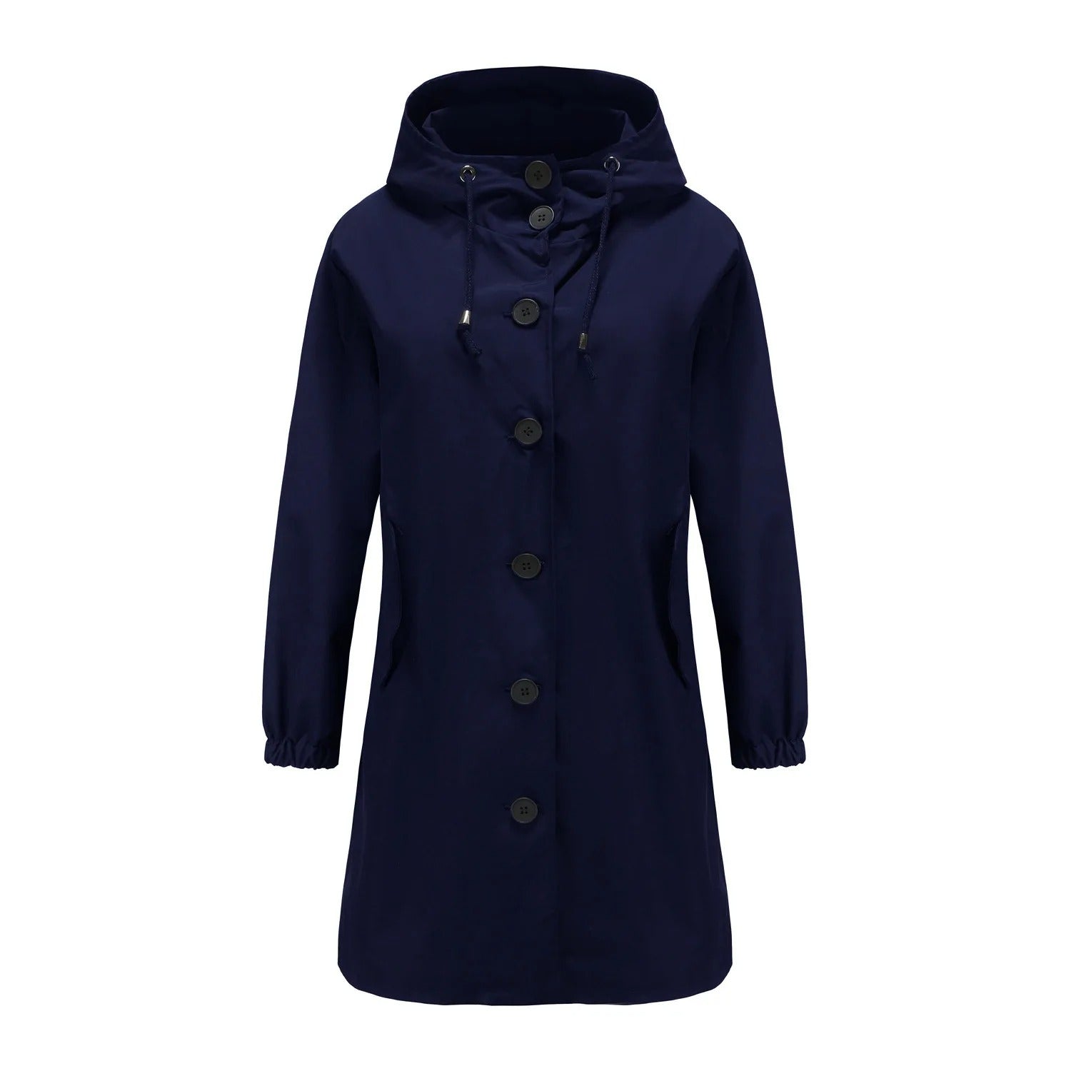 Women's hooded mackintosh with button closure