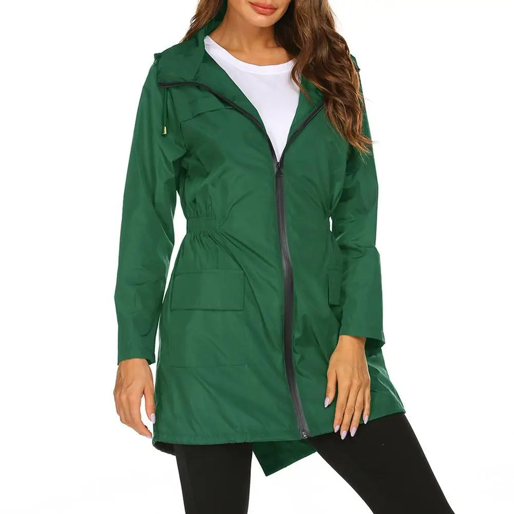 Fashionable windbreaker mackintosh for women with drawstring