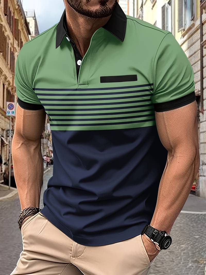 Casual Short Sleeve Striped Polo Shirt For Men