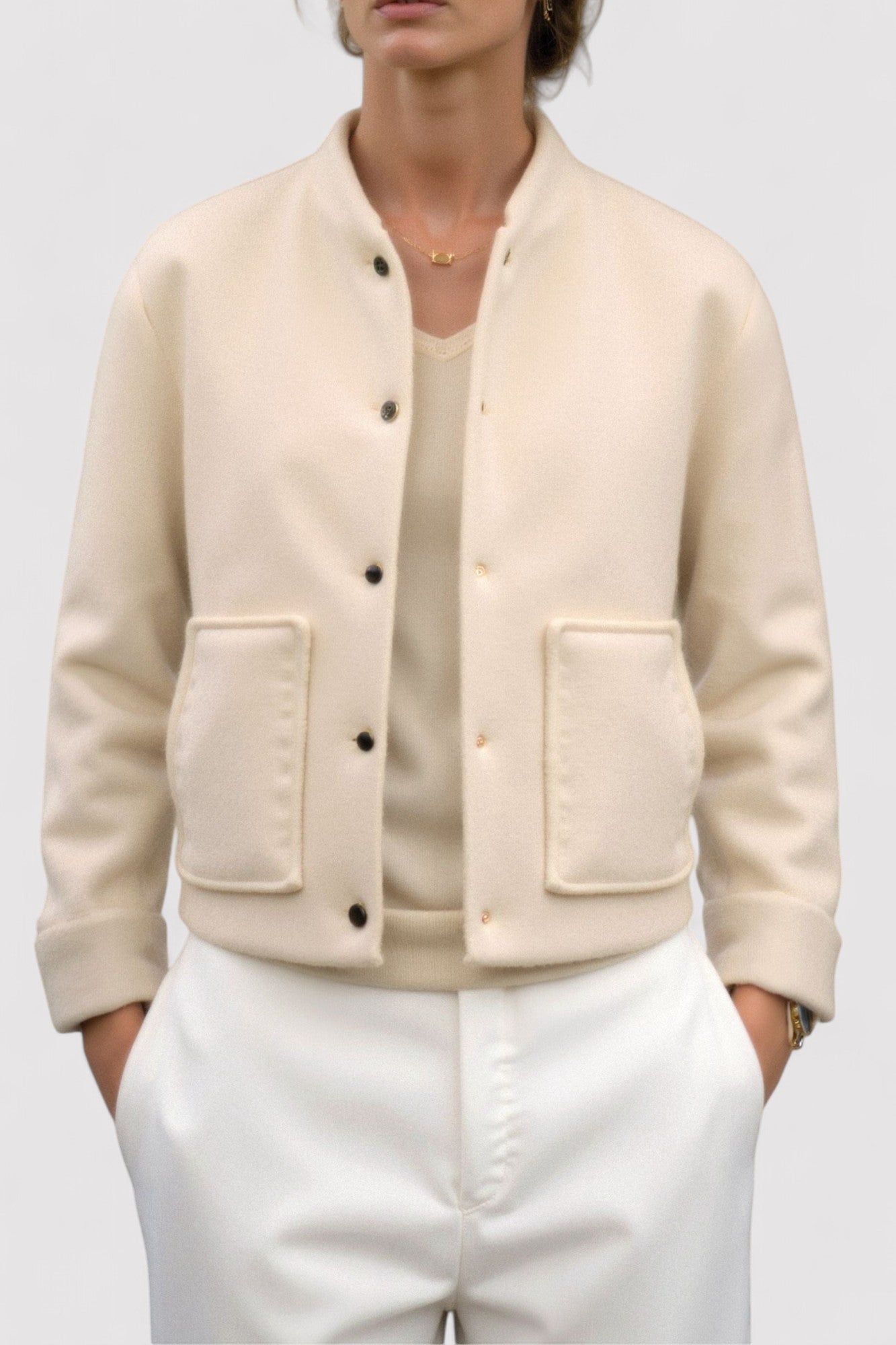 Ancien | Women's Luxury Button Pockets Stand Collar Bomber Jacket