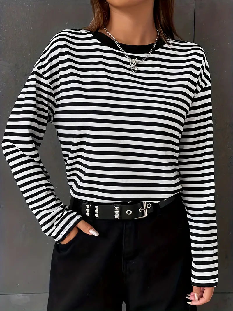 Casual Long-sleeved Top and Striped Round Neck T-shirt