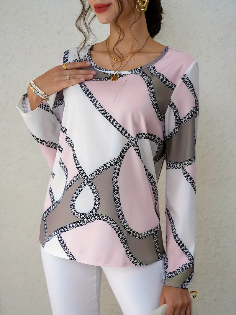 Casual Long-Sleeved Top and Blouse With Graphic Print and Round Neckline