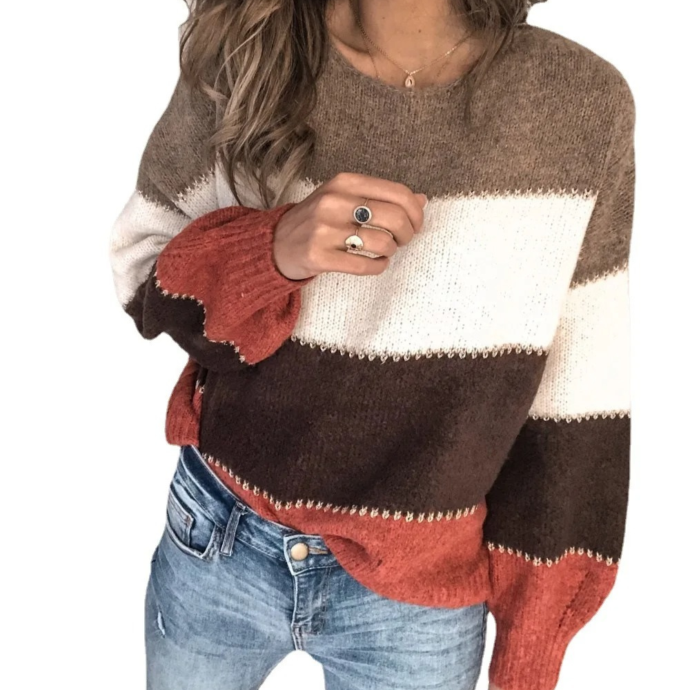 Casual Knitted Women's Sweater, Colour Block Design