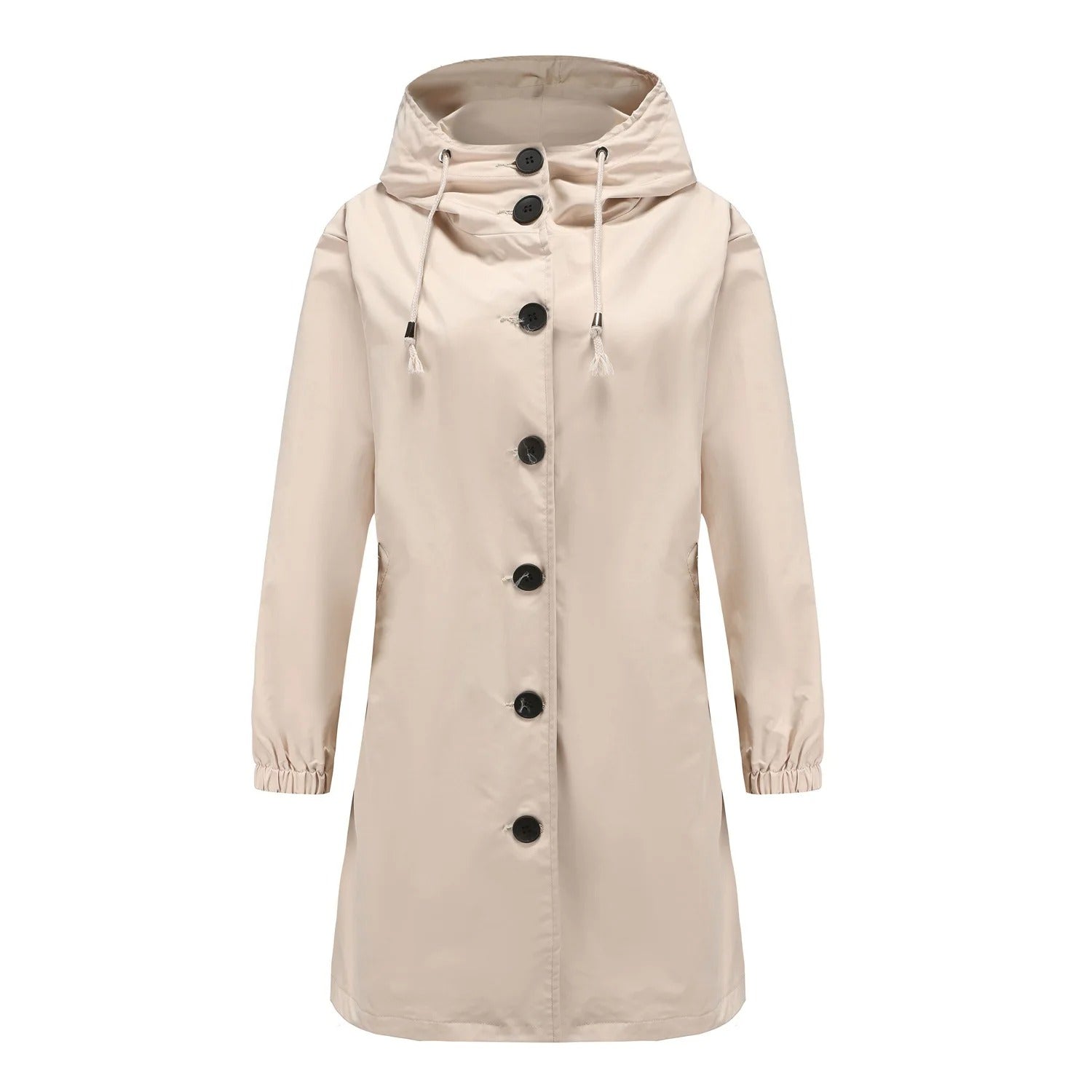 Women's hooded mackintosh with button closure