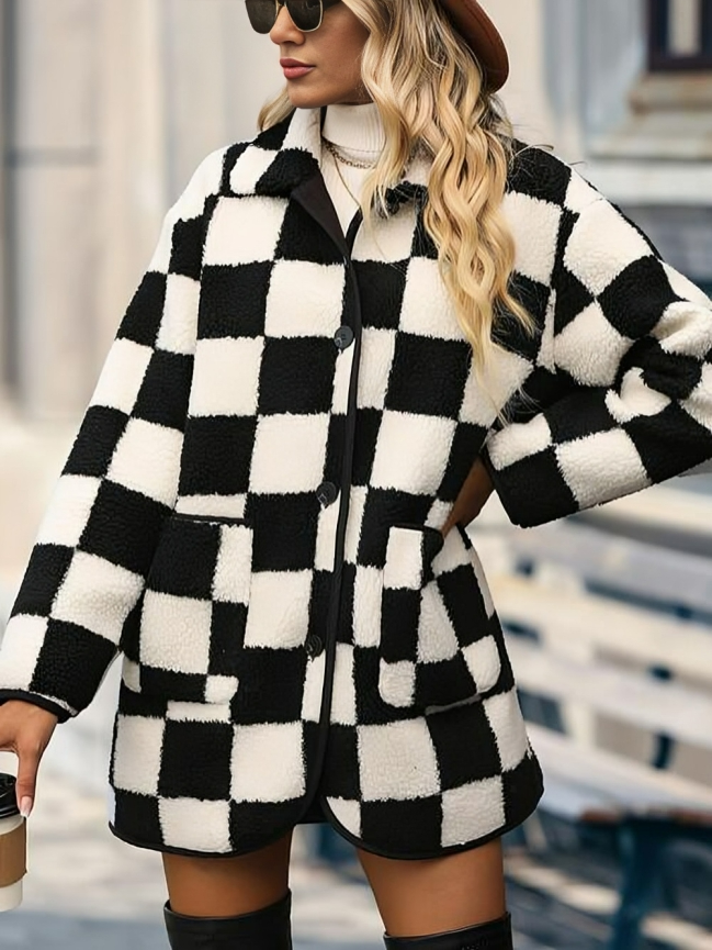 Warm chequered plush lambswool coat for women