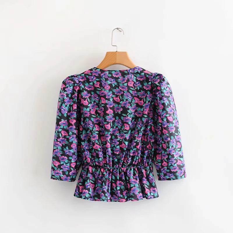 Classy lantern sleeve printed blouse shirt