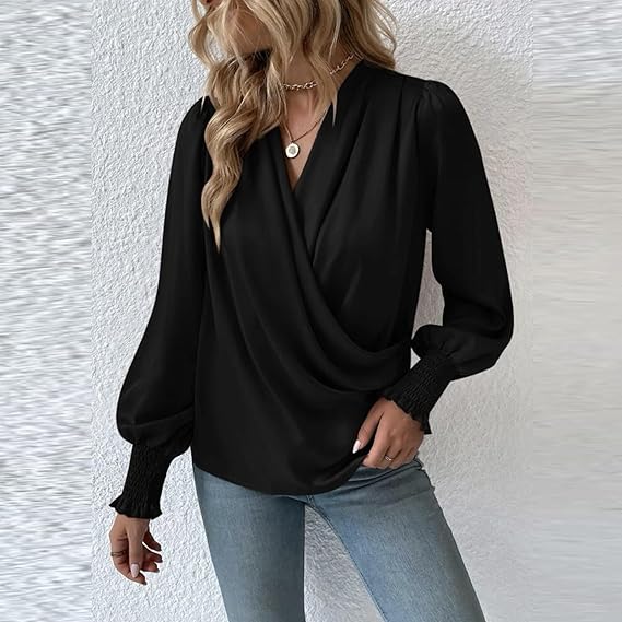 Elegant blouse top with V-neck and balloon sleeves