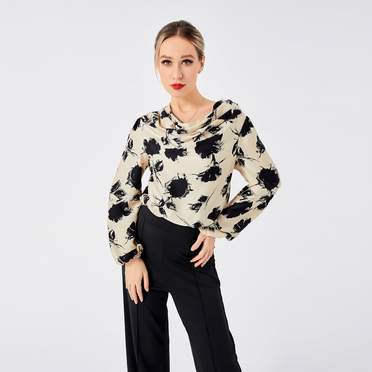 Elegant ladies print front drop collar blouse