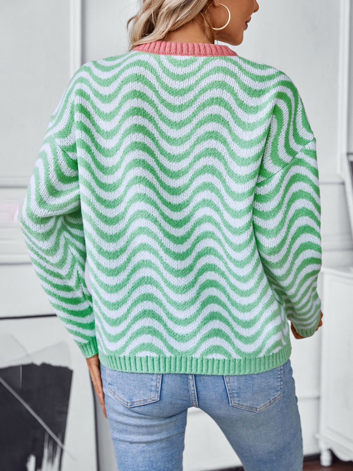 Wavy Stripes Round Neck Long Sleeve Sweater