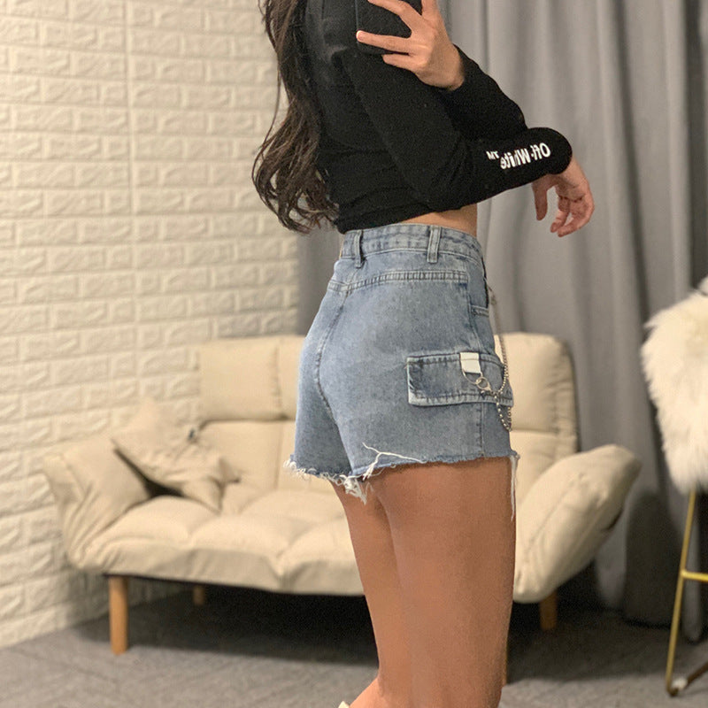 Stylish high-waisted jeans chain wide leg raw shorts