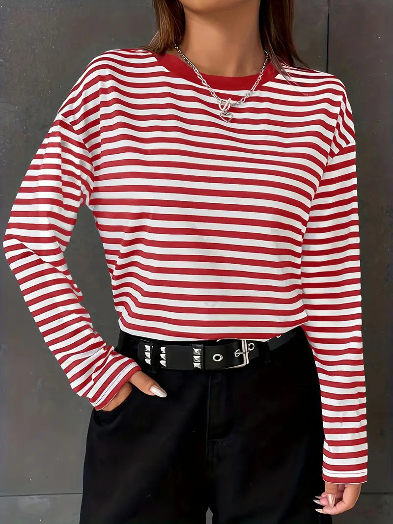 Casual Long-sleeved Top and Striped Round Neck T-shirt