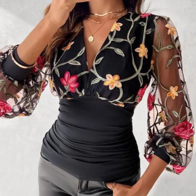 Blouse with embroidered transparent sleeves