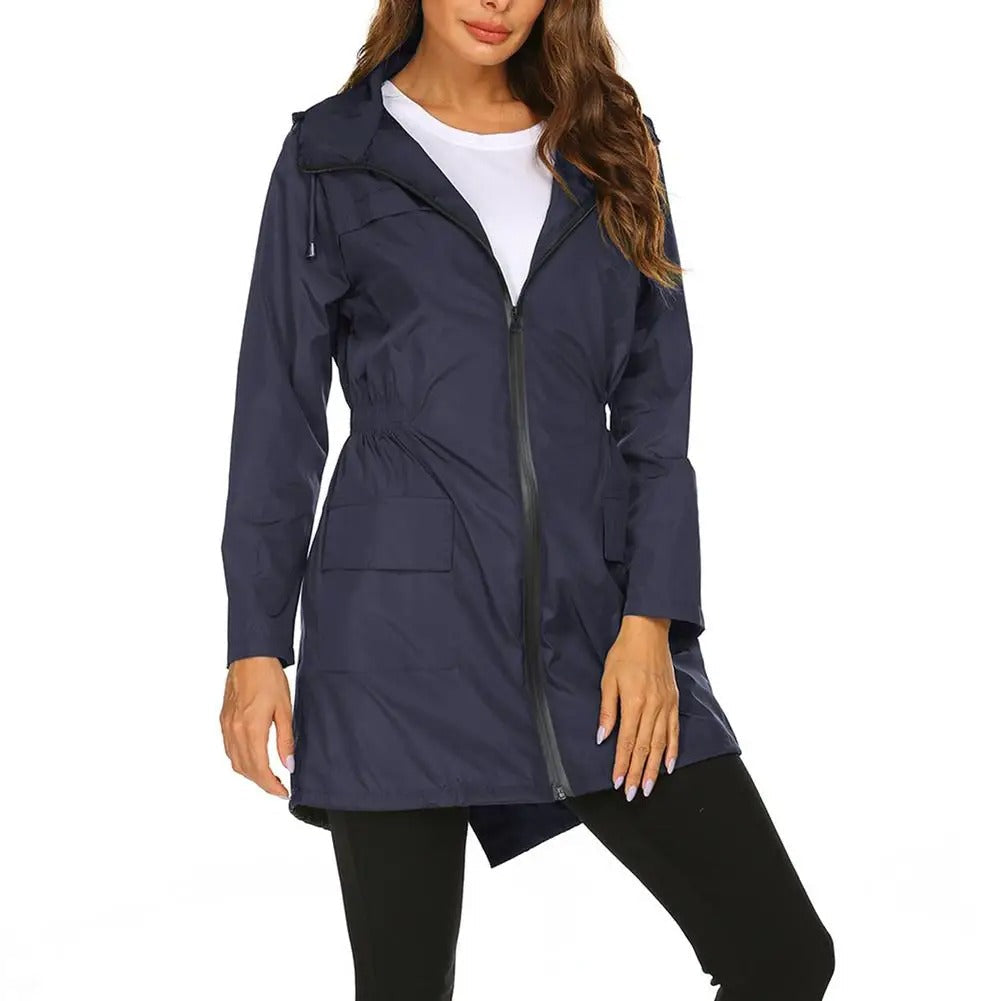 Fashionable windbreaker mackintosh for women with drawstring