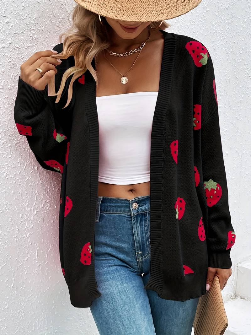 Stylish cardigan with long sleeves and strawberry print for autumn and spring