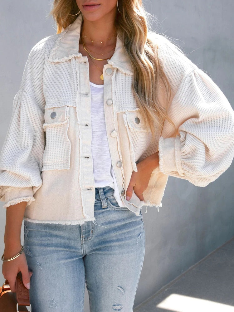 Distressed patchwork jacket with bell sleeves