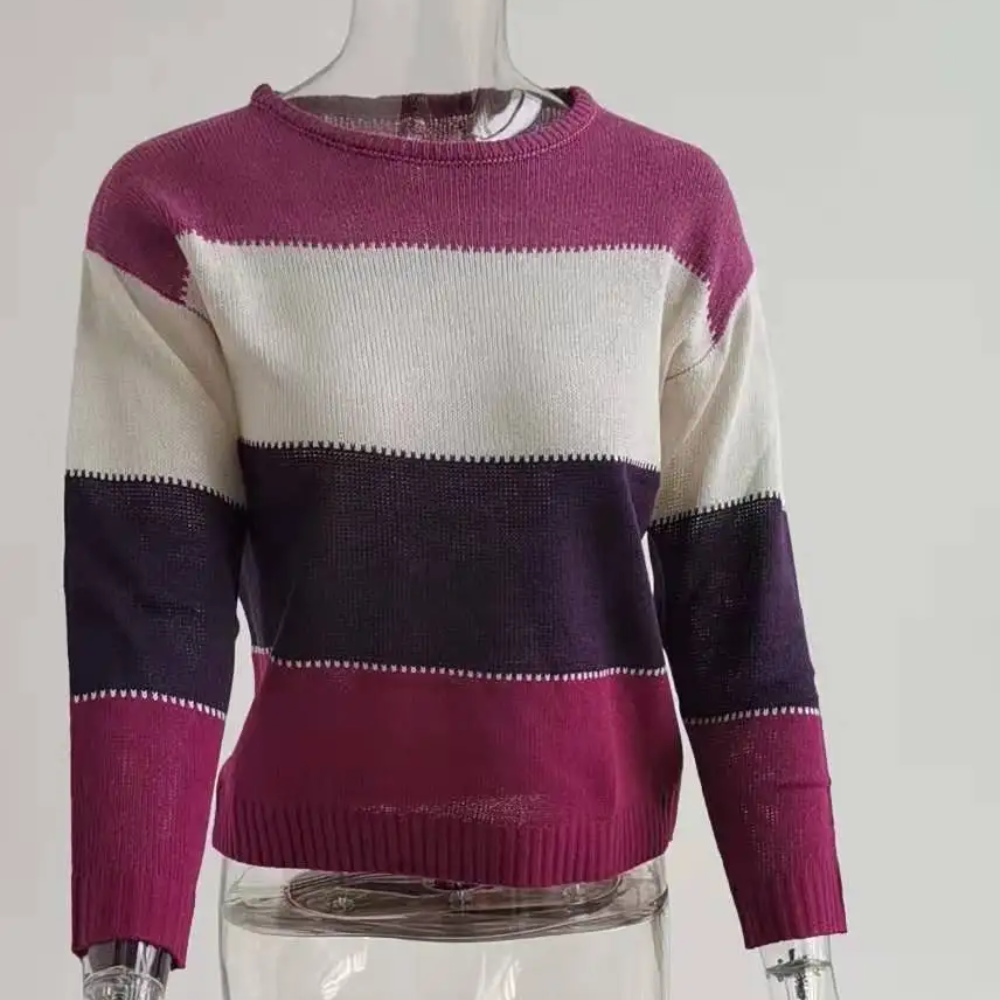 Casual Knitted Women's Sweater, Colour Block Design