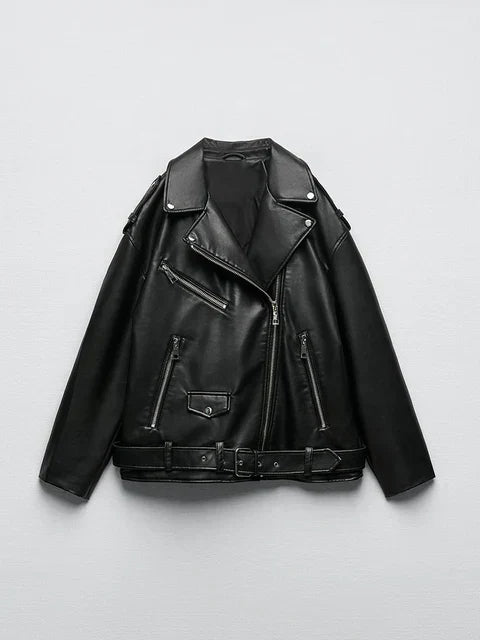 Women's biker jacket made from vegan leather - Loose-fitting biker jacket with belt