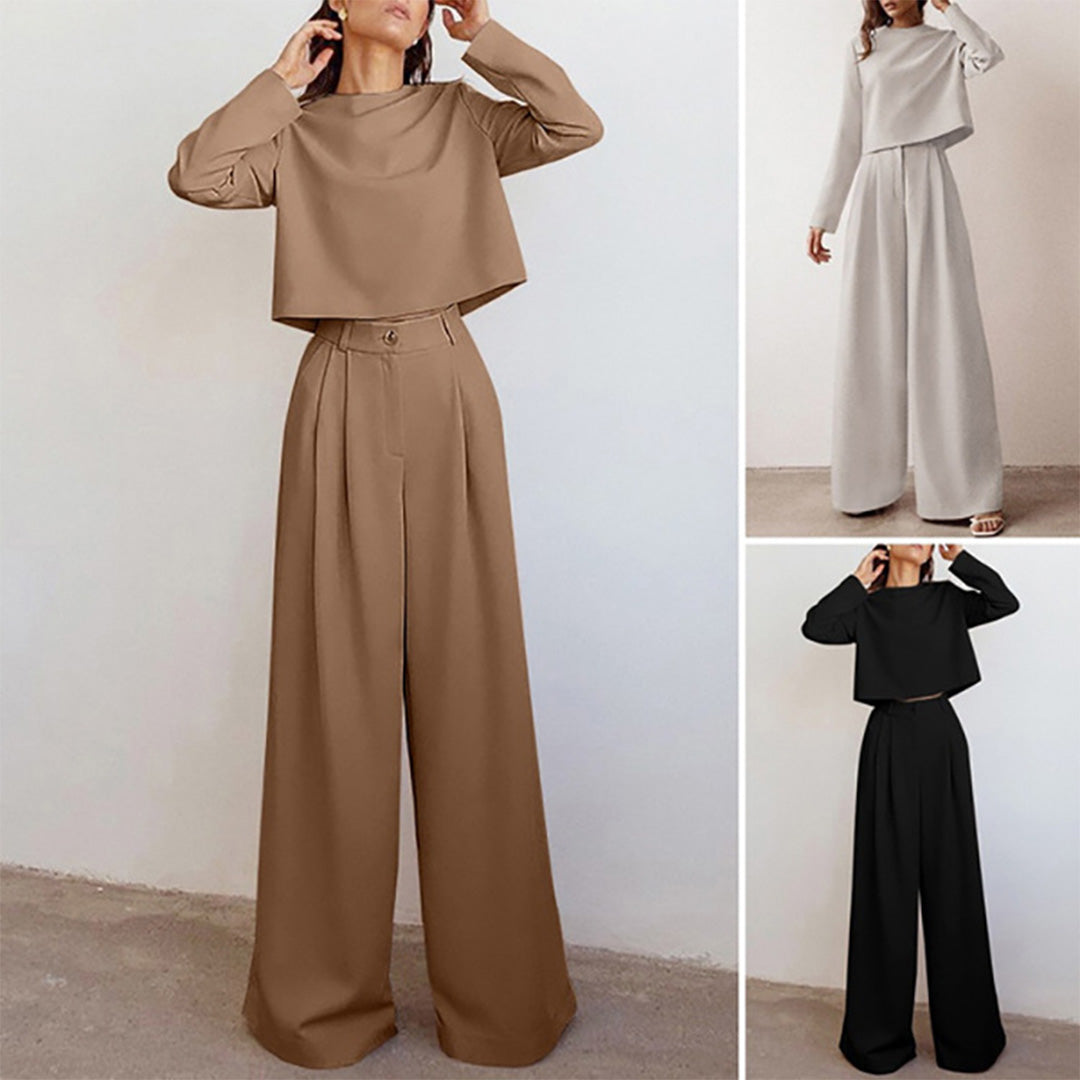 Cropped Long Sleeve and Wide Leg Pants Set