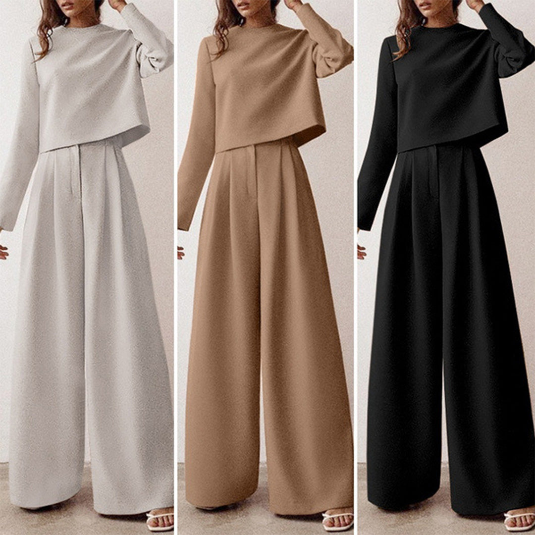 Cropped Long Sleeve and Wide Leg Pants Set