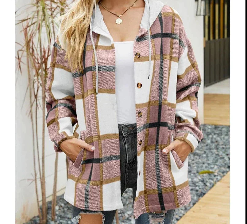 Checked coat with hood