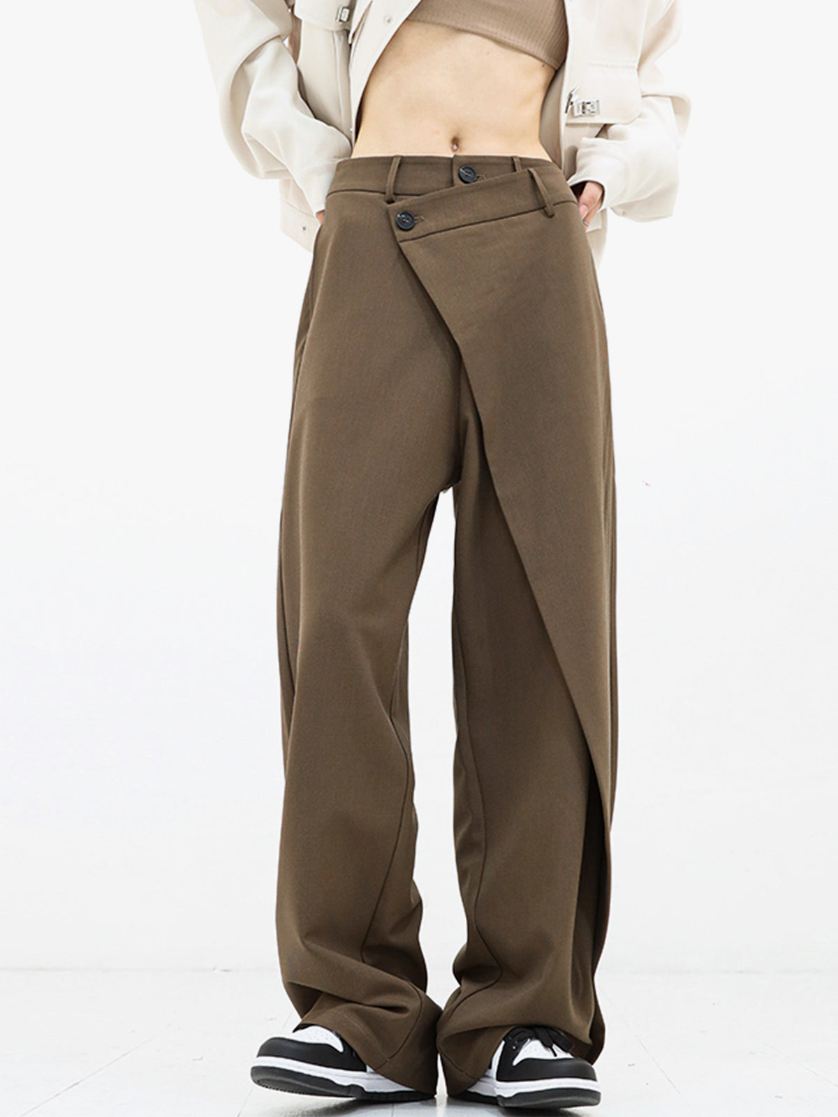 Pauline - Wide leg trousers with asymmetric and overlapping buttons