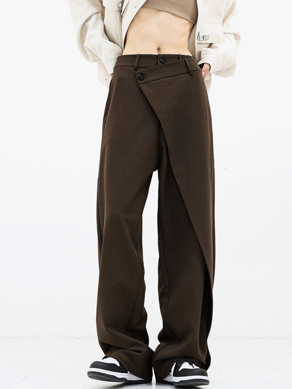 Pauline - Wide leg trousers with asymmetric and overlapping buttons