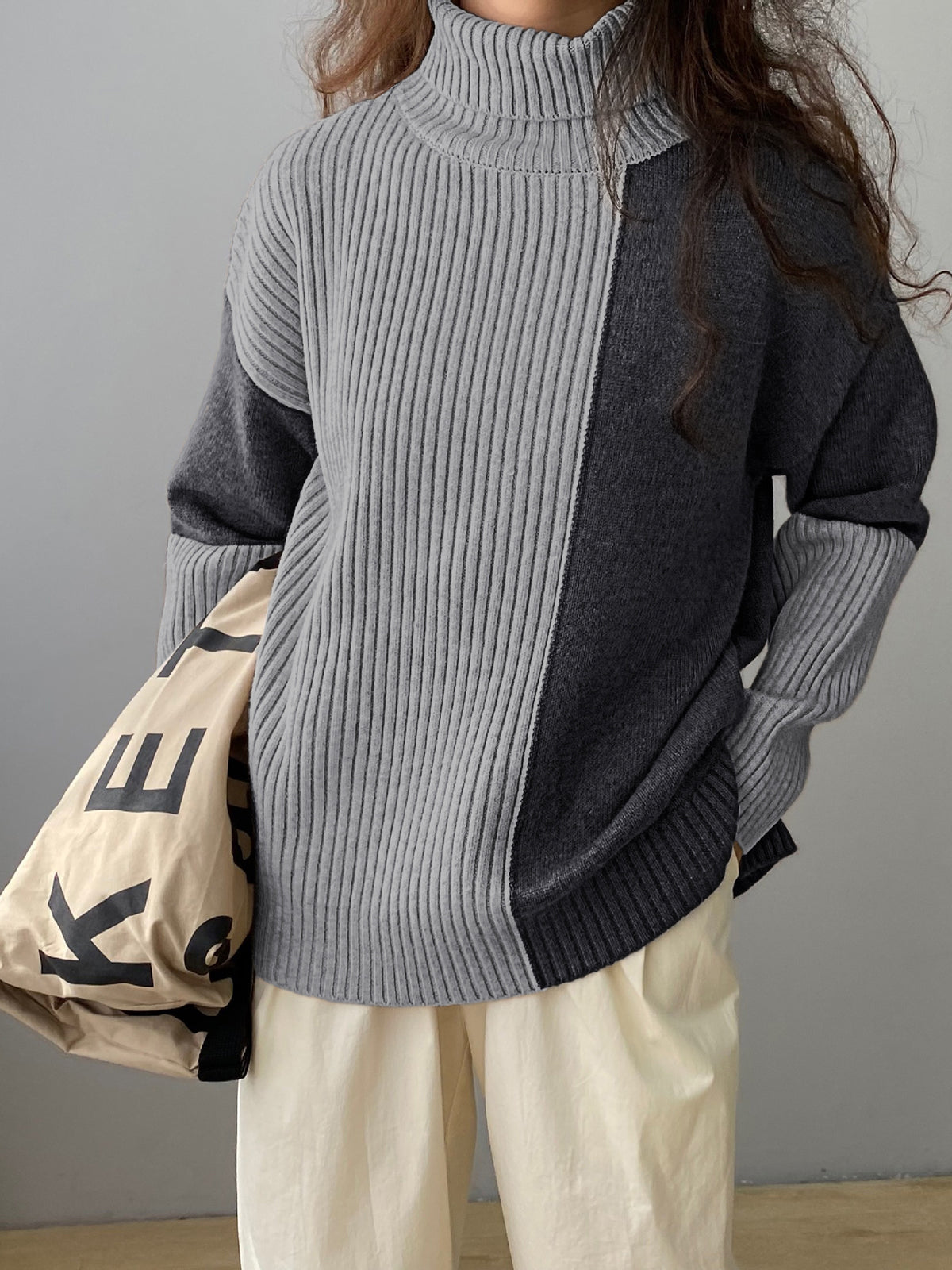 Two Tone Colorblock High Neck Ribbed Knit Sweater