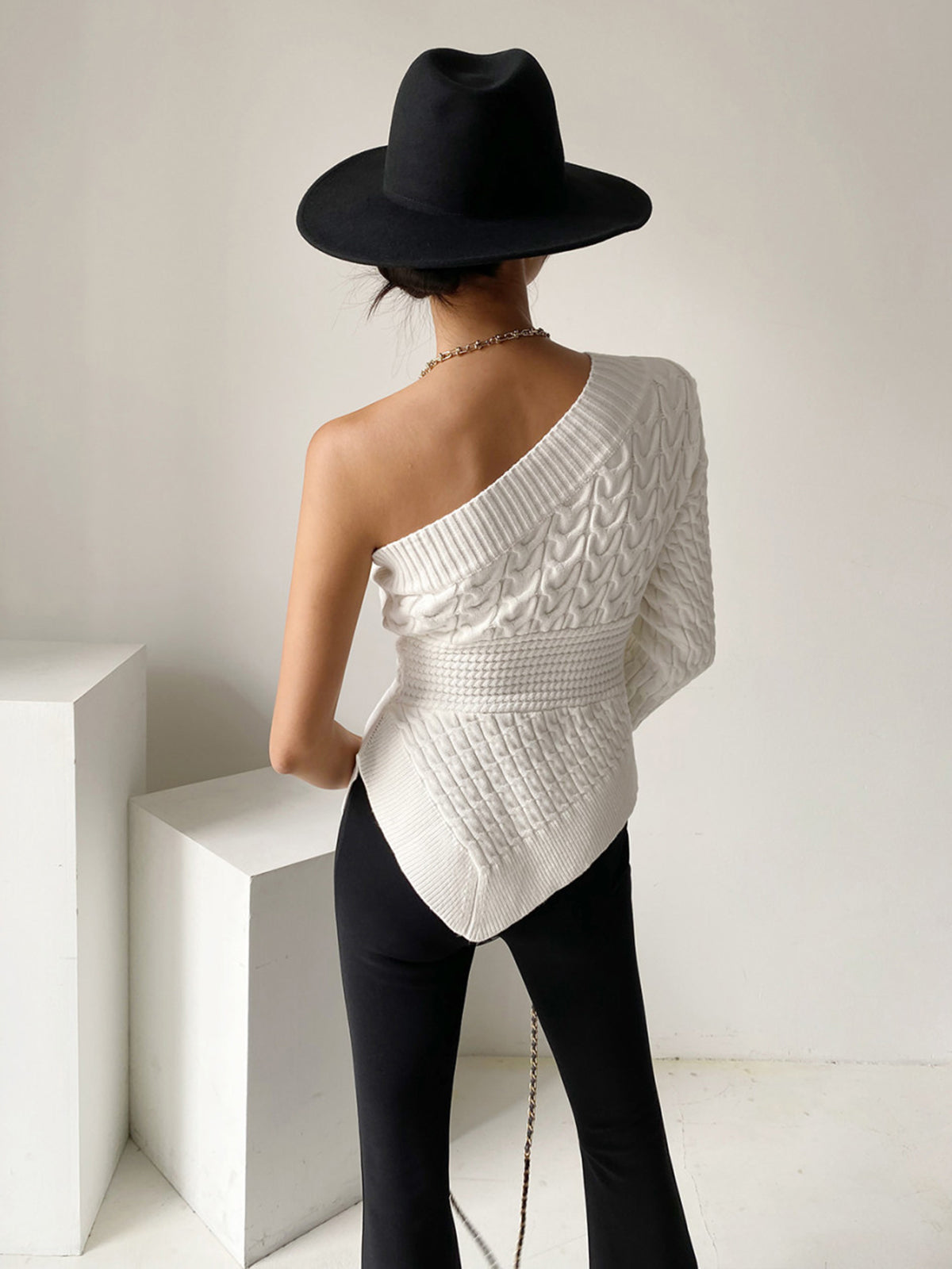 One Shoulder Asymmetrical Cable Knit Sweater