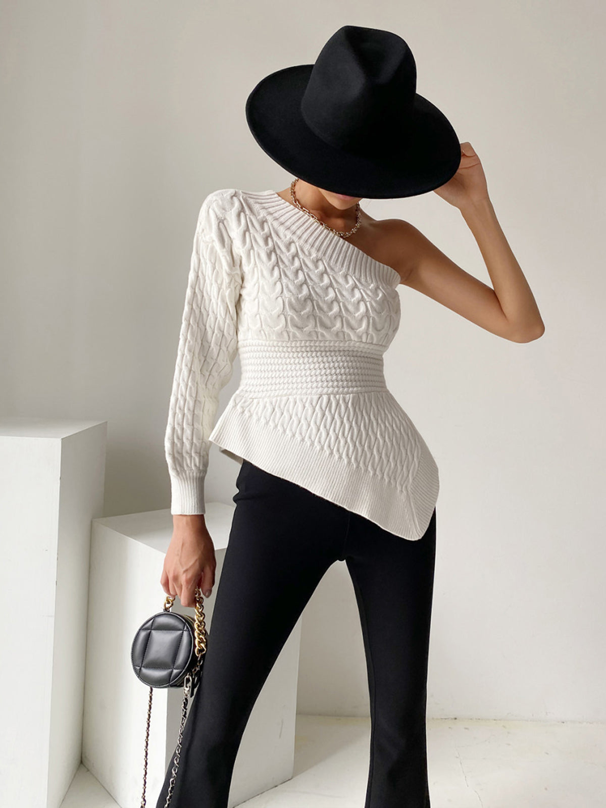 One Shoulder Asymmetrical Cable Knit Sweater