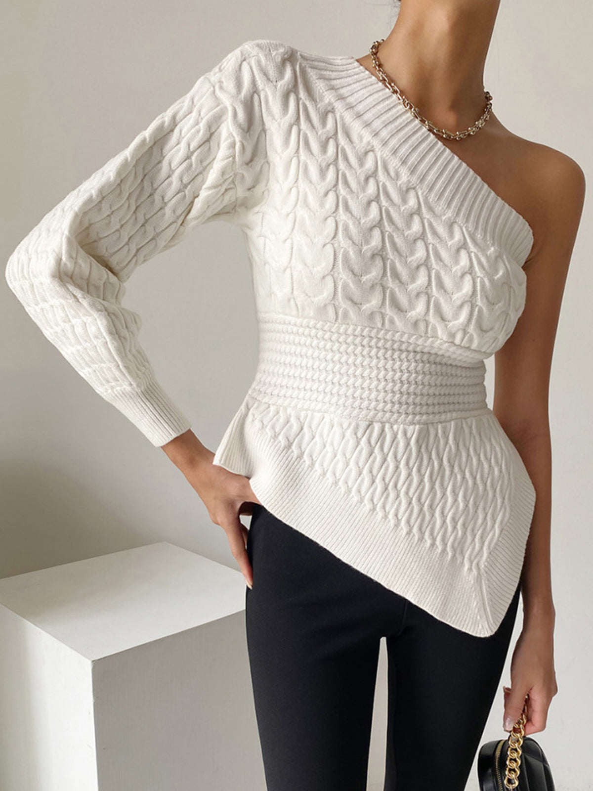 One Shoulder Asymmetrical Cable Knit Sweater