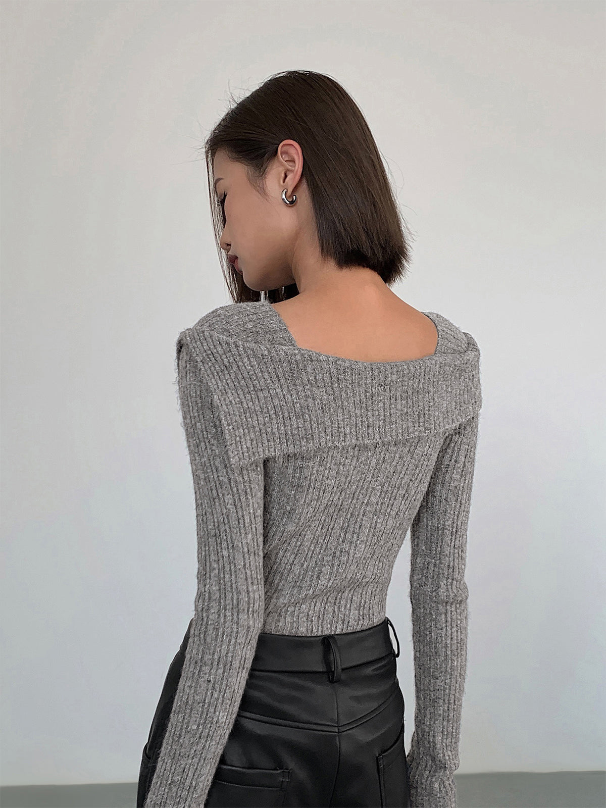 Asymmetric Overfold Square Neck Long Sleeve Knit Top