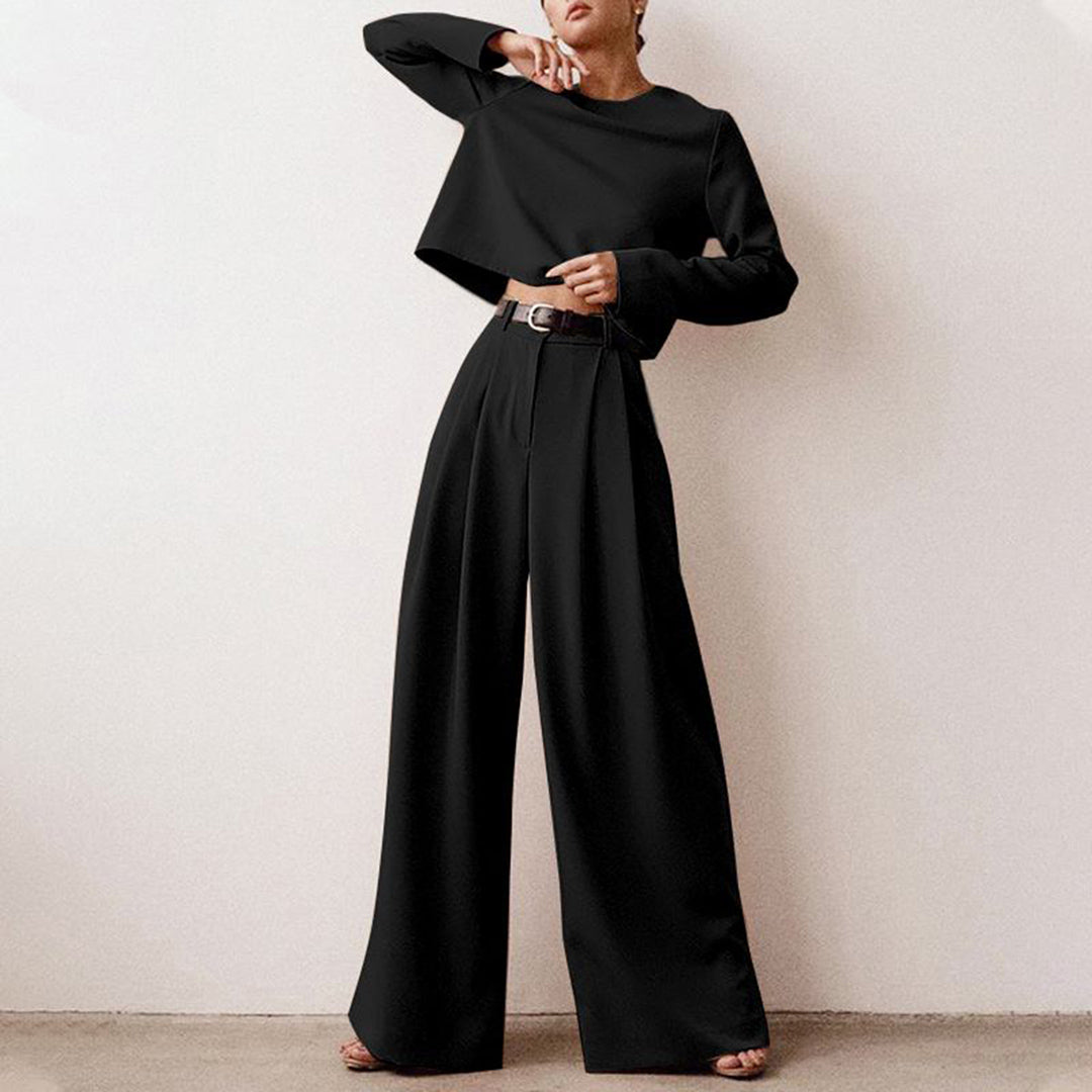 Cropped Long Sleeve and Wide Leg Pants Set