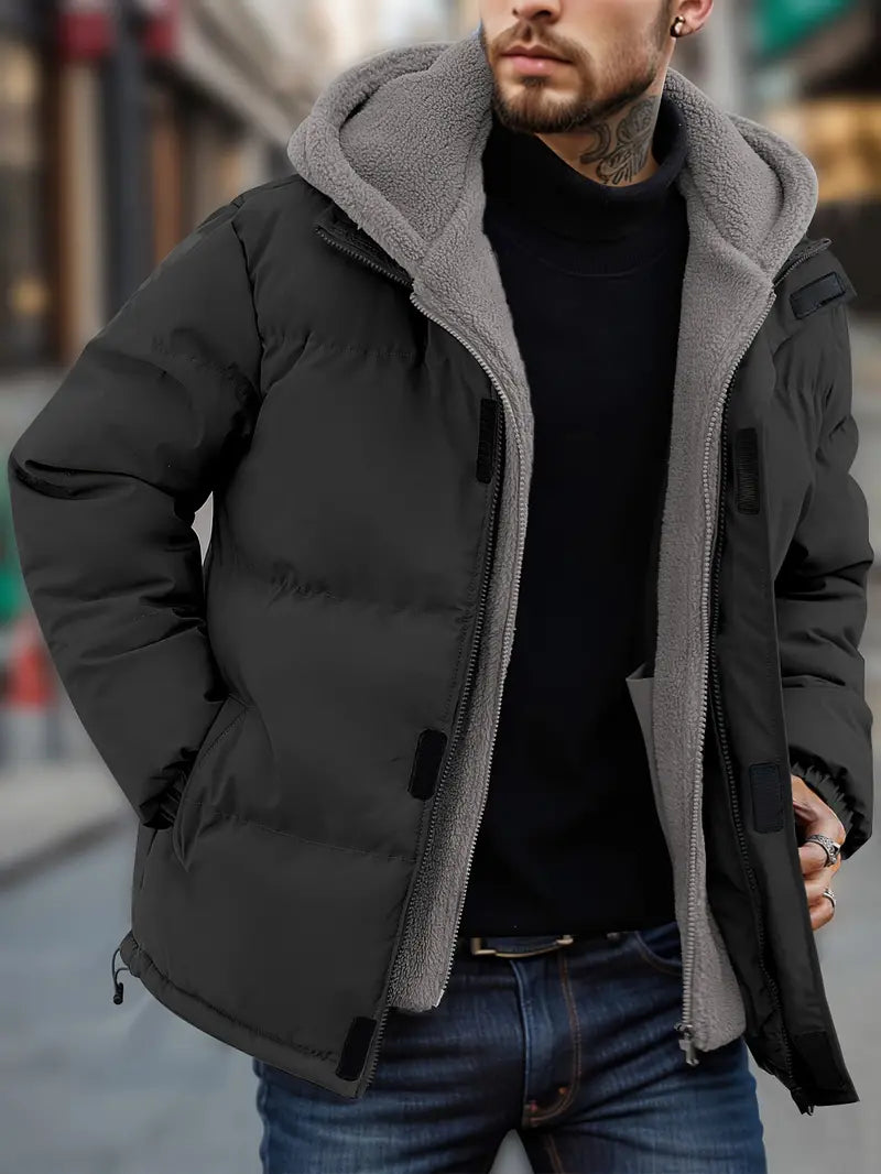 Two-piece color block fleece padded jacket with pockets for men