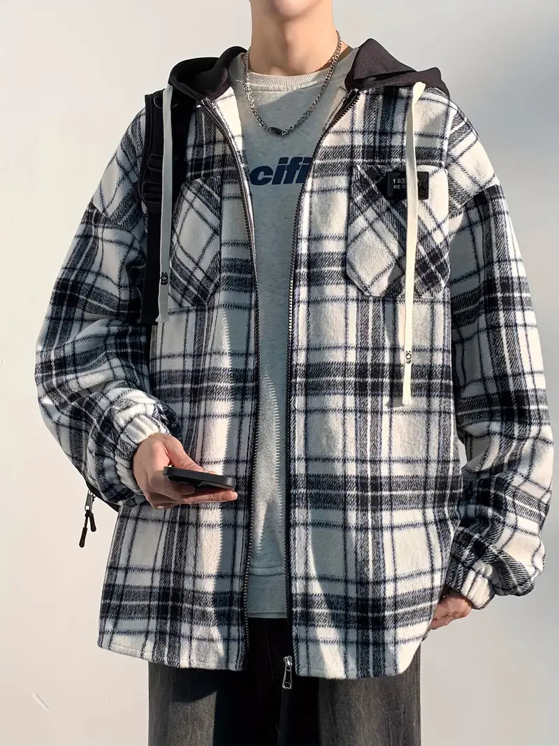 Vintage-inspired men's checked hooded jacket - casual cotton blend