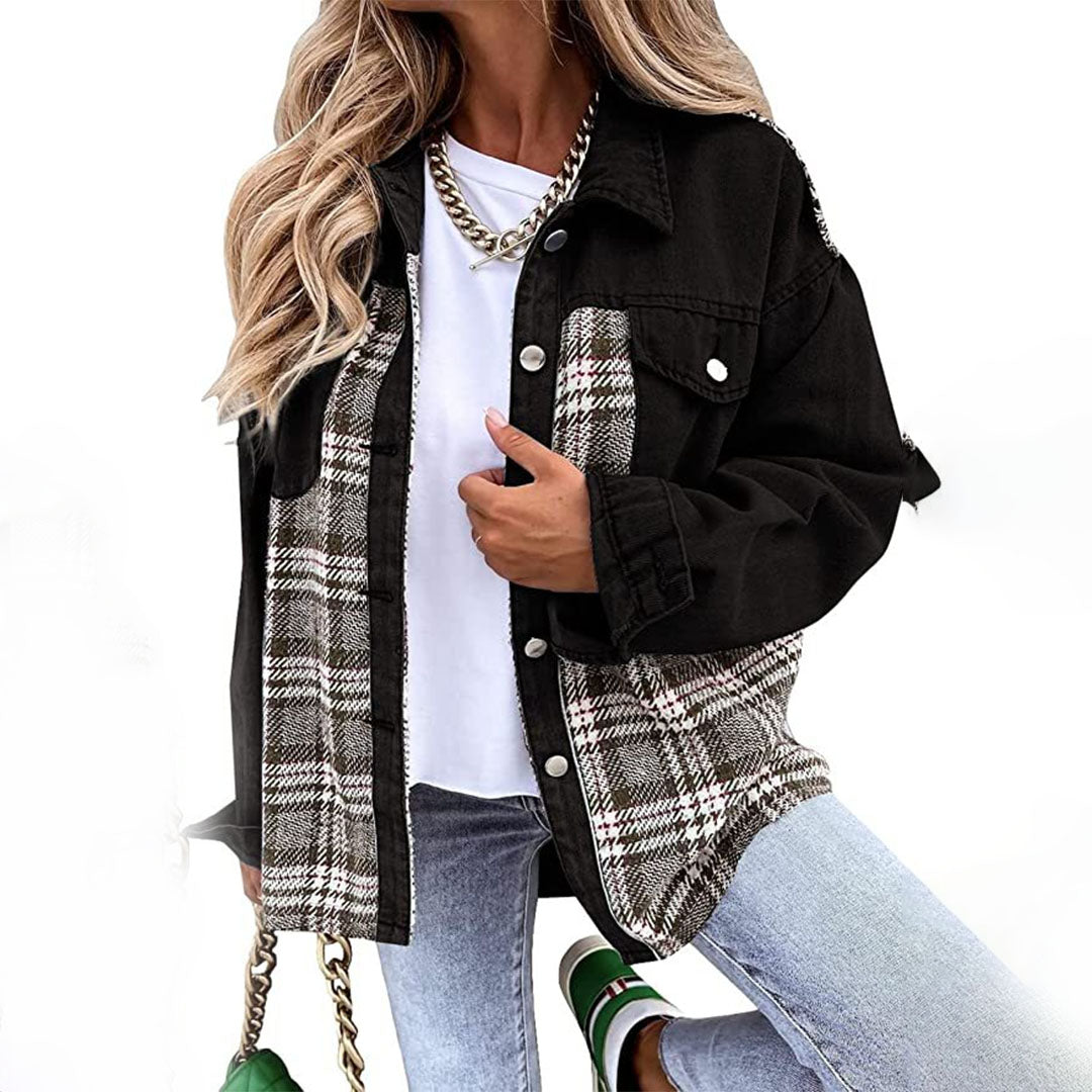 Fashionable chequered oversized denim jacket for women