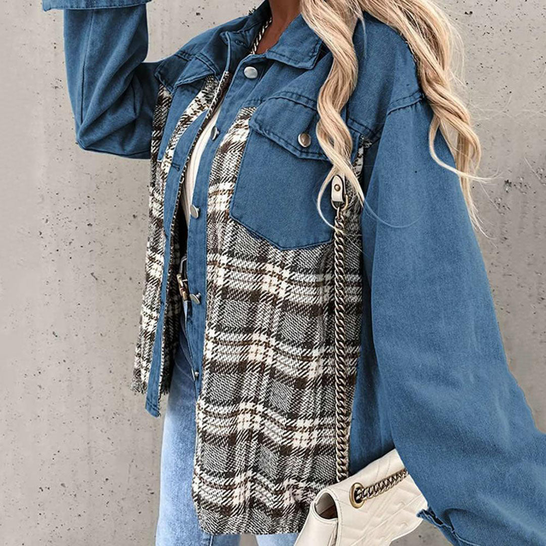 Fashionable chequered oversized denim jacket for women