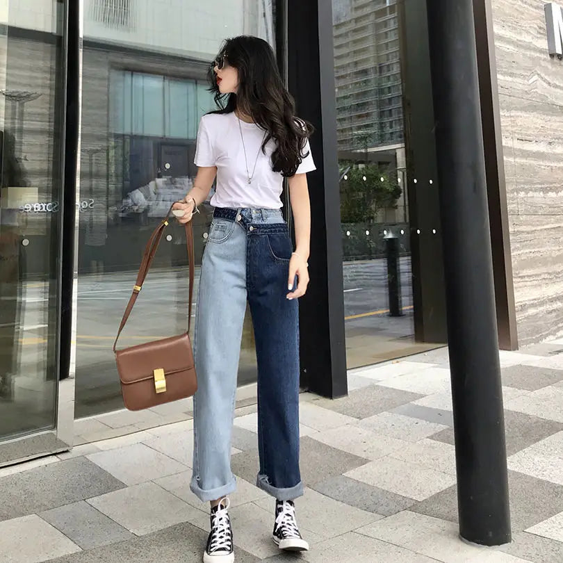 High-waisted straight jeans with contrast splice