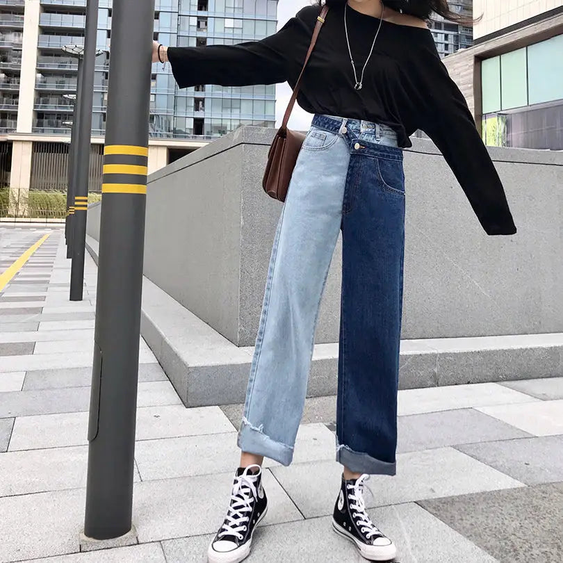 High-waisted straight jeans with contrast splice