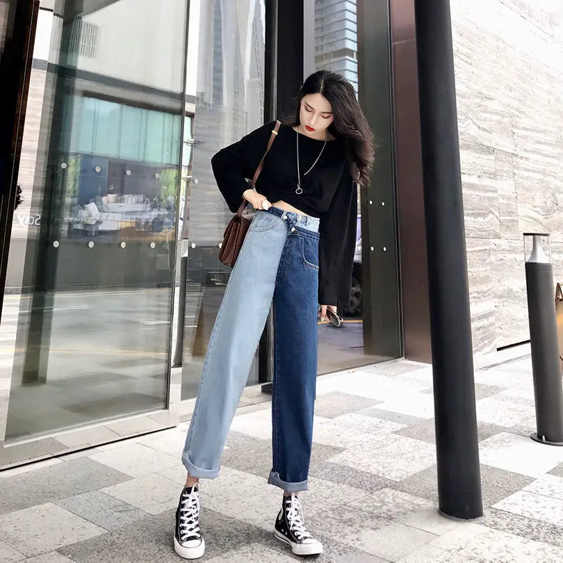 High-waisted straight jeans with contrast splice