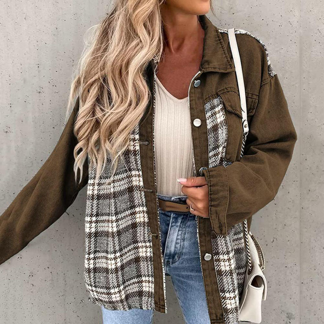 Fashionable chequered oversized denim jacket for women