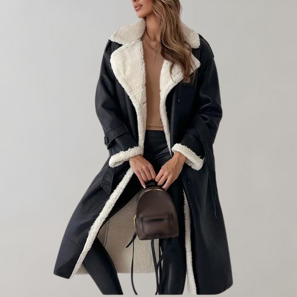 Stylish single-breasted winter coat in soft leather