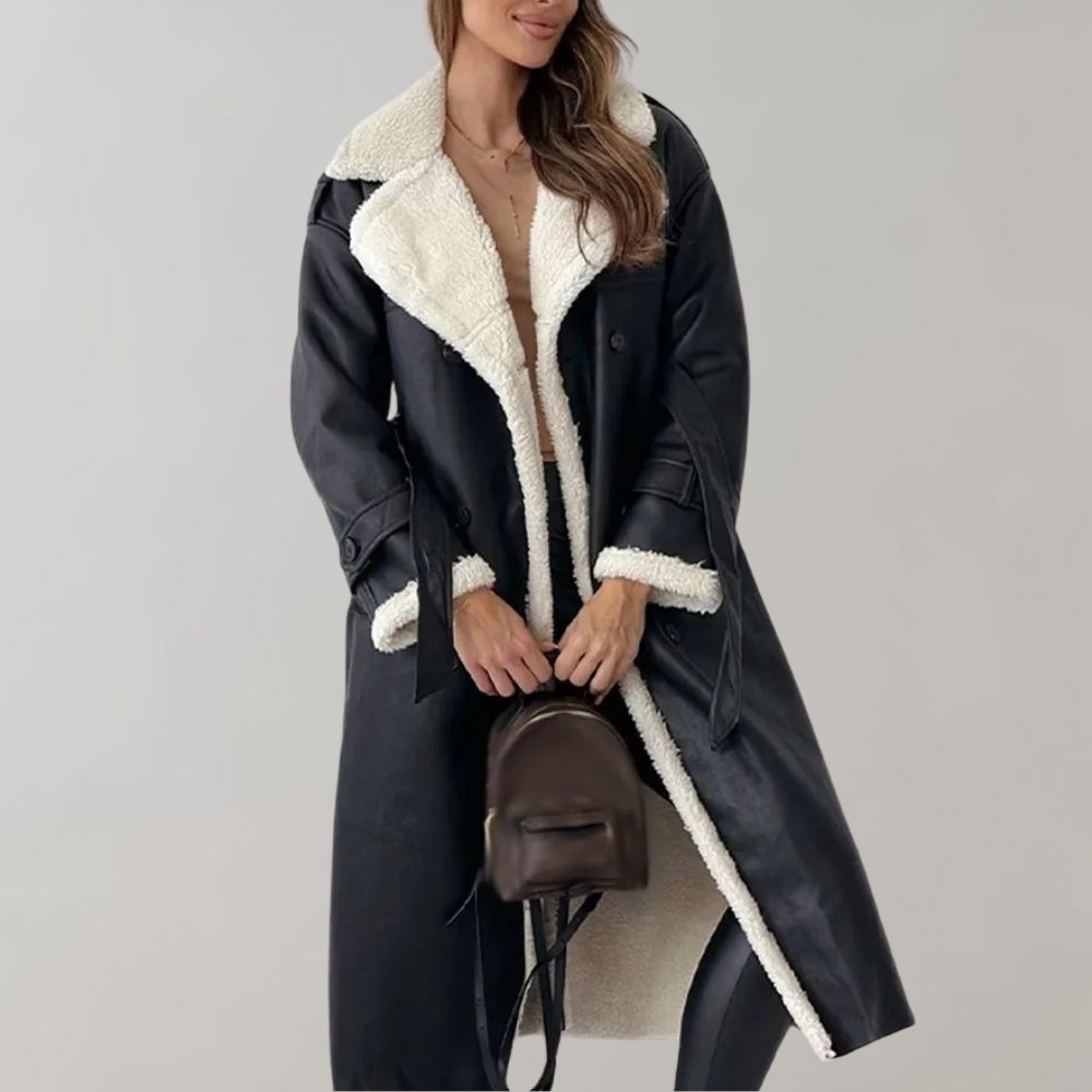 Stylish single-breasted winter coat in soft leather